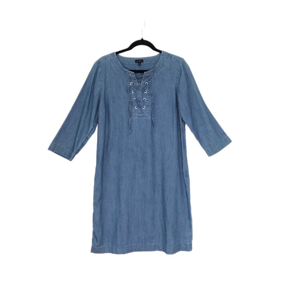 Talbots Dark Denim Dress Size 8 Button 3/4 Sleeve Lace up Neckline Cottagecore